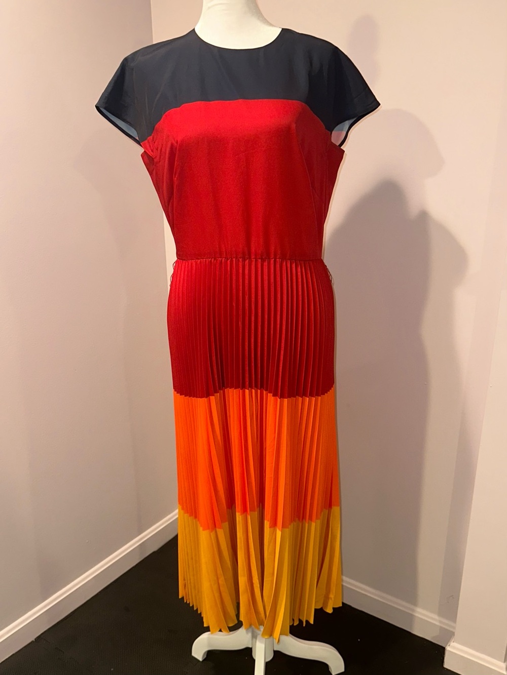Akris Punto Color-Block Pleated Maxi Dress in Navy, Red, Orange & Yellow